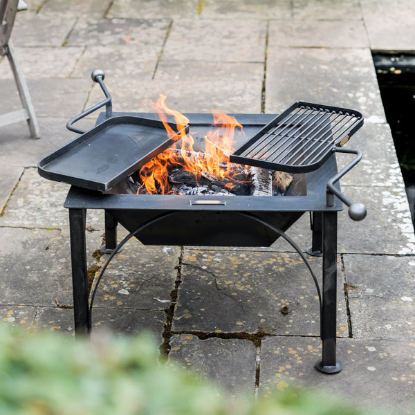 Firepits Uk - Box D Fire Pit with Two Swing Arm BBQ Racks - Timeout Gardens