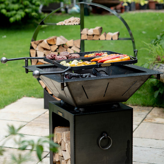 Firepits Uk - Box Tower with Log Store and Two Swing Arm BBQ Racks - Timeout Gardens