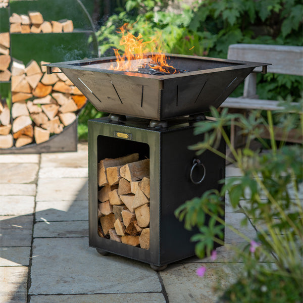 Firepits Uk - Box Tower with Log Store and Two Swing Arm BBQ Racks - Timeout Gardens