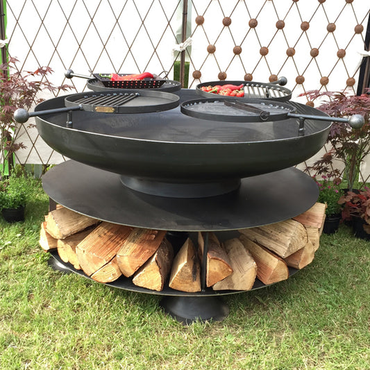 Firepits Uk - Ring of Logs 120 with Four Swing Arm BBQ Racks - Timeout Gardens