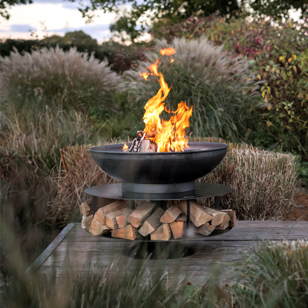 Firepits Uk - Ring of Logs 90 with Swing Arm BBQ Rack - Timeout Gardens
