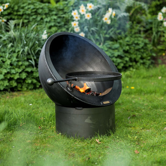 Firepits Uk - Tilted Sphere 70 with Swing Arm BBQ Rack - Timeout Gardens